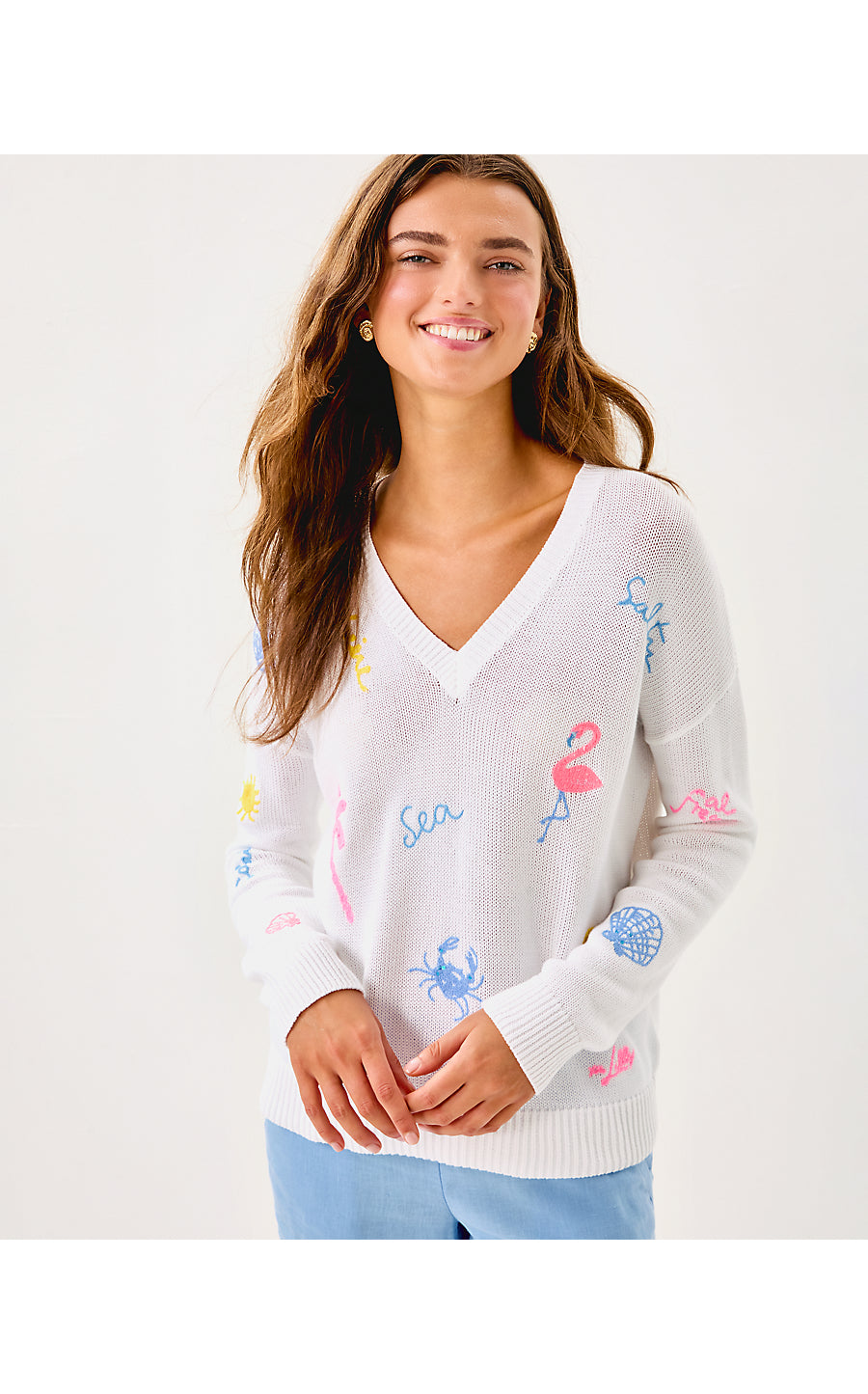 TENSLEY SWEATER, RESORT WHITE SUMMER SERENADE EMBROIDERY