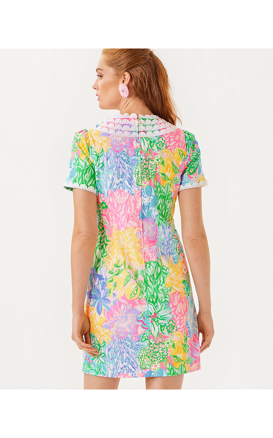 MILA SHORT SLEEVE STRETCH SHIFT, MULTI BRIGHT DELIGHT PATCH