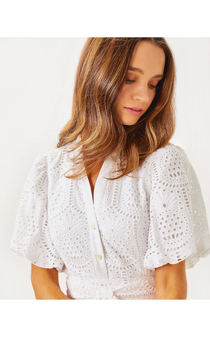 XYLIA DRESS, RESORT WHITE PINEAPPLE TILE EYELET