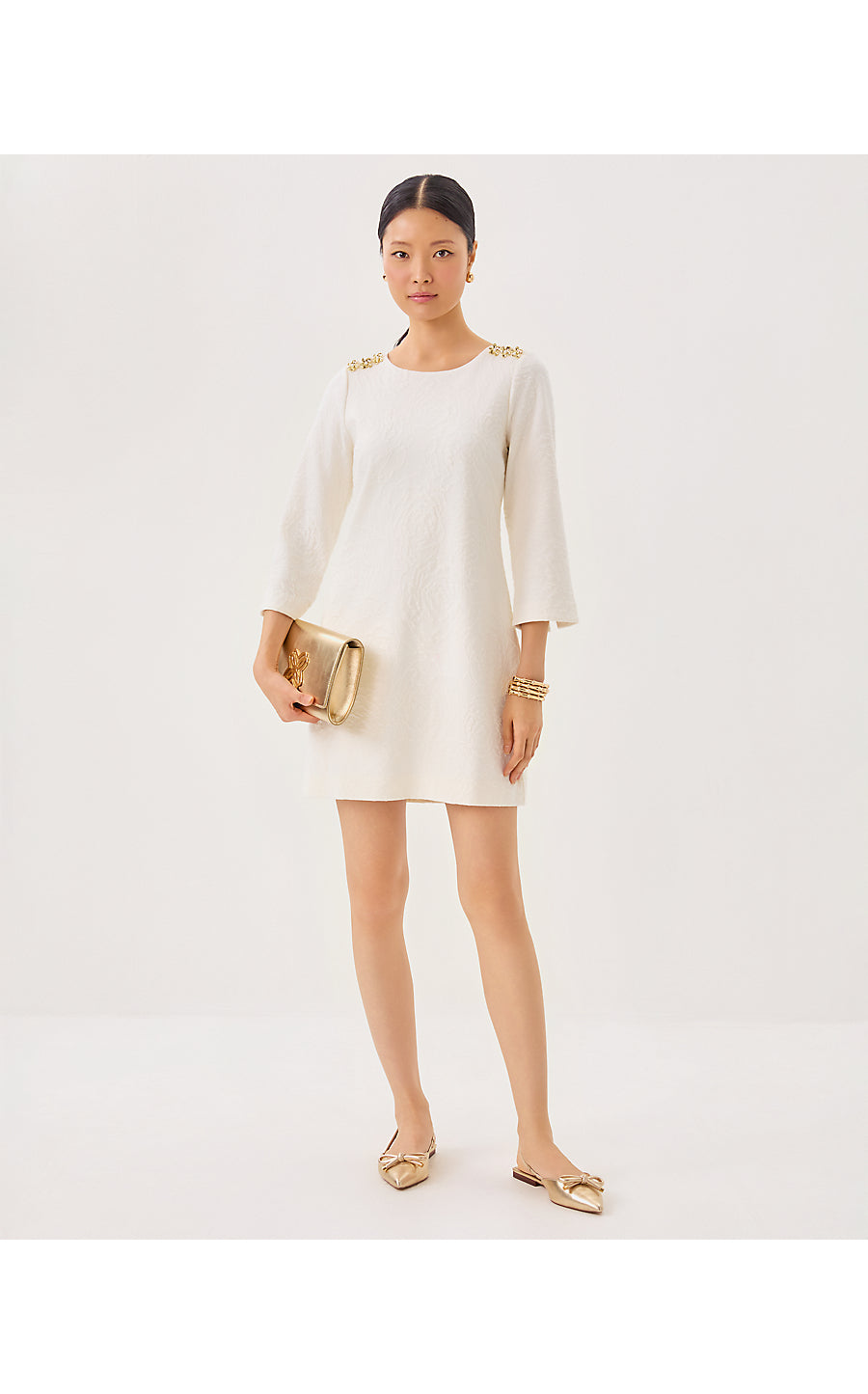 ANNWYN SHIFT, COCONUT ROSE KNIT PUCKER JACQUARD