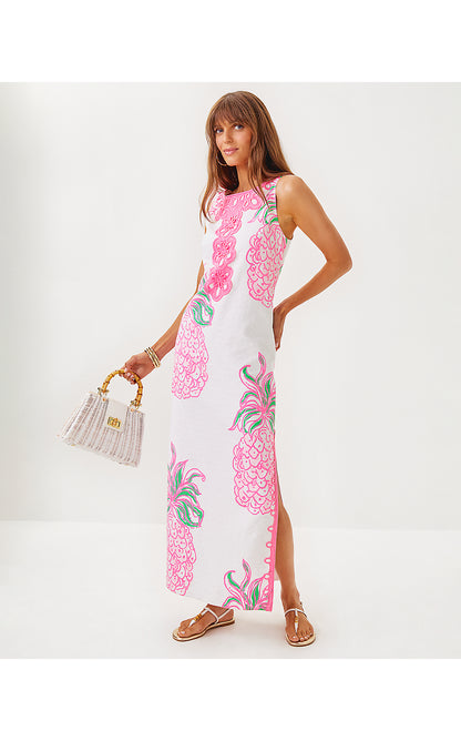 MARLEIGH STRETCH MAXI SHIFT DRESS, RESORT WHITE OVERSIZED PARTY LIKE A PINEAPPLE ENGINEERED WOVEN