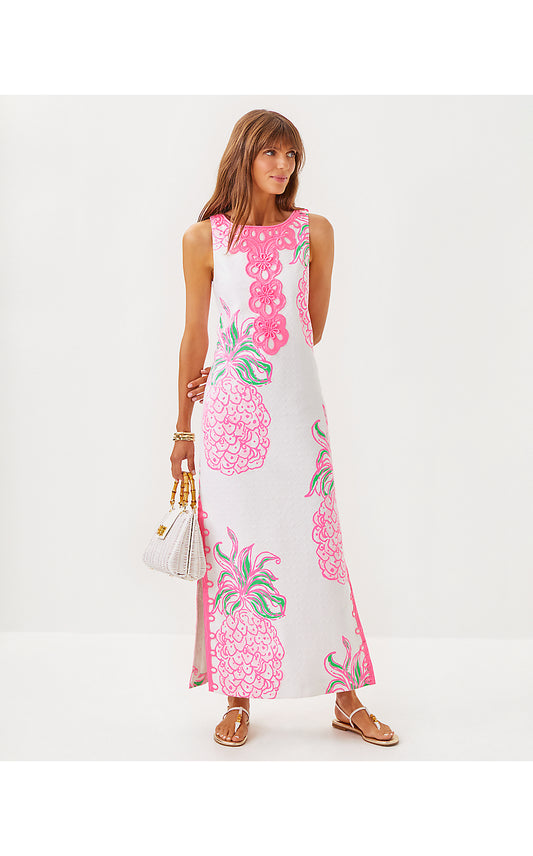 MARLEIGH STRETCH MAXI SHIFT DRESS, RESORT WHITE OVERSIZED PARTY LIKE A PINEAPPLE ENGINEERED WOVEN