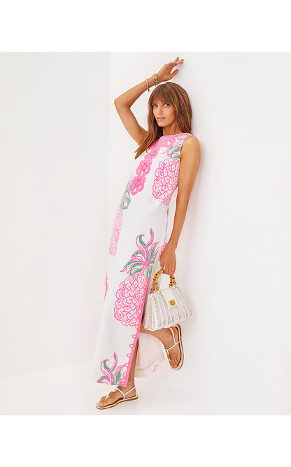 MARLEIGH STRETCH MAXI SHIFT DRESS, RESORT WHITE OVERSIZED PARTY LIKE A PINEAPPLE ENGINEERED WOVEN