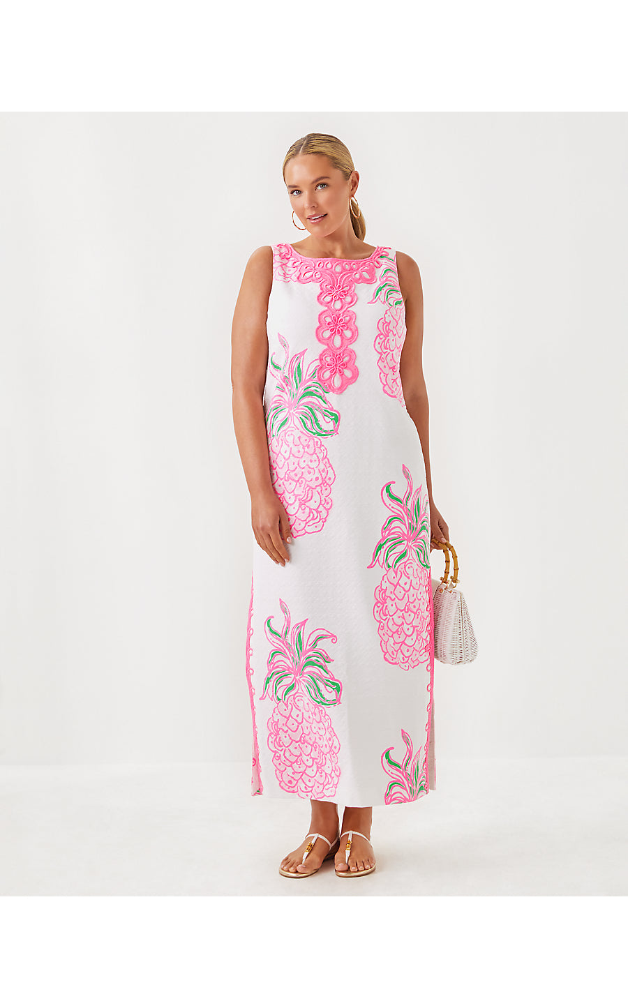 MARLEIGH STRETCH MAXI SHIFT DRESS, RESORT WHITE OVERSIZED PARTY LIKE A PINEAPPLE ENGINEERED WOVEN