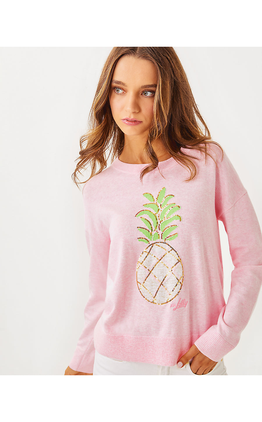 TENSLEY SWEATER, HEATHERED PINK MUSE PARTY PINEAPPLE JACQUARD