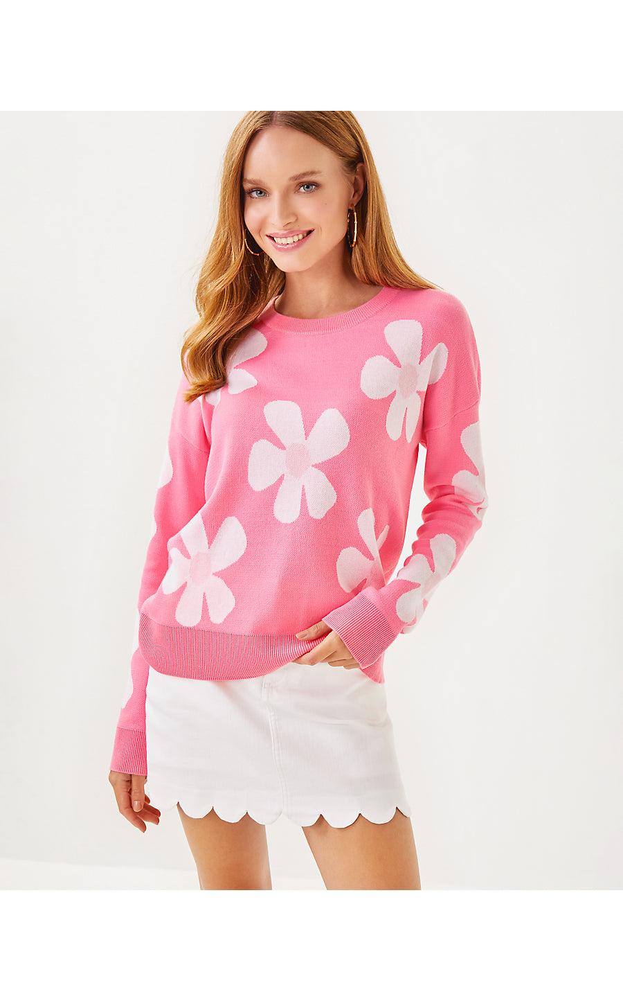 TENSLEY SWEATER, ROUSSEAU PINK IN BLOOM FLOWER JACQUARD