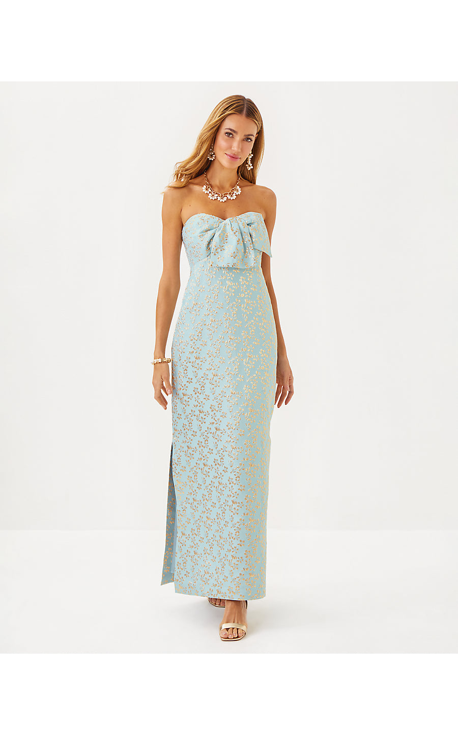CARLYNN MAXI DRESS, BLUETTE DITSY DAISY METALLIC BROCADE