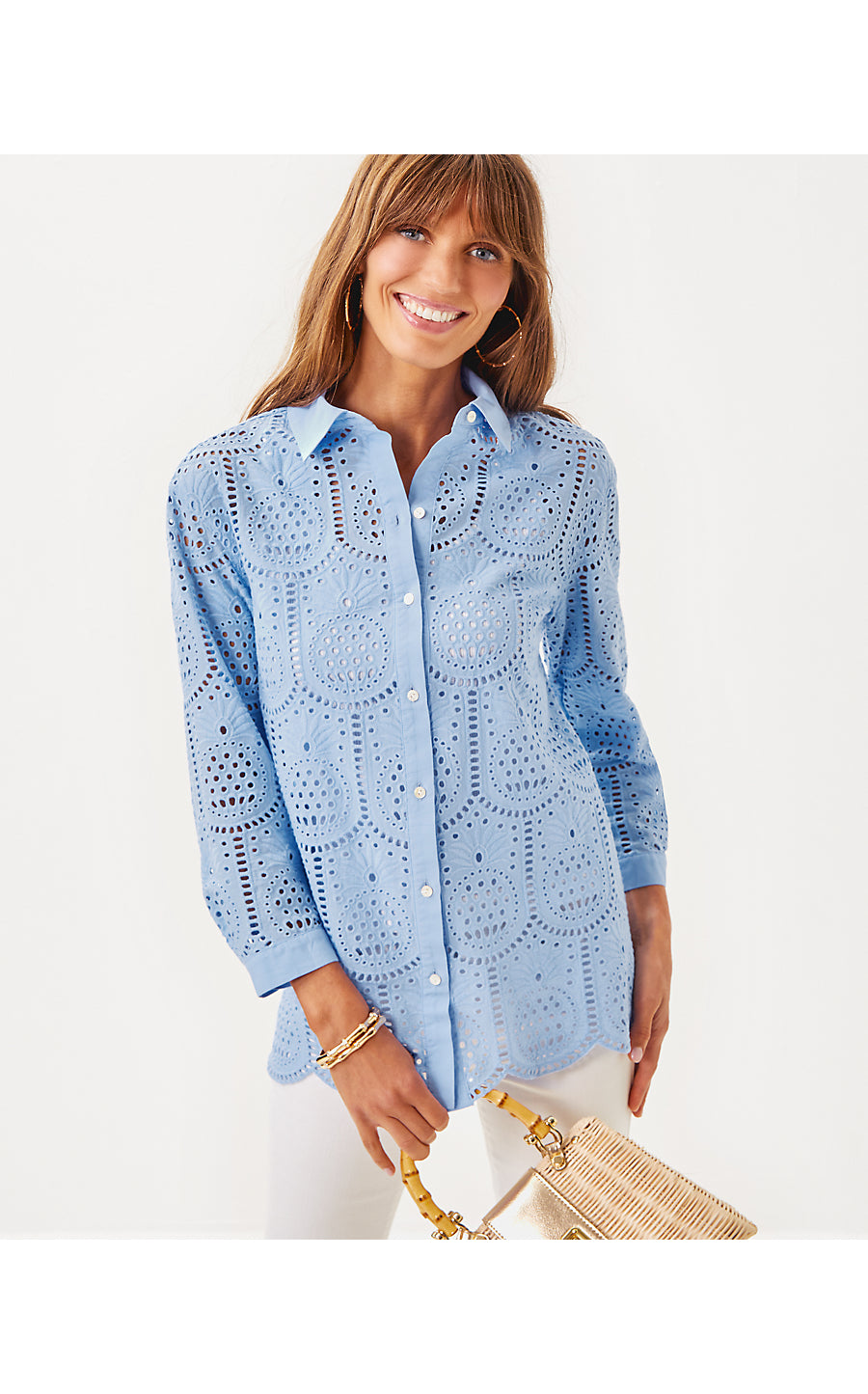 GRACEE TUNIC, JACARANDA BLUE PINEAPPLE TILE EYELET