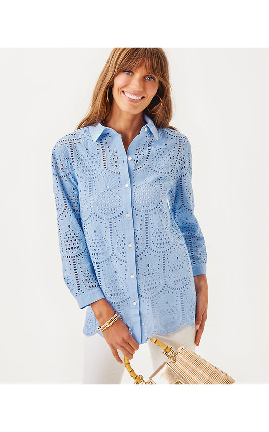 GRACEE TUNIC, JACARANDA BLUE PINEAPPLE TILE EYELET