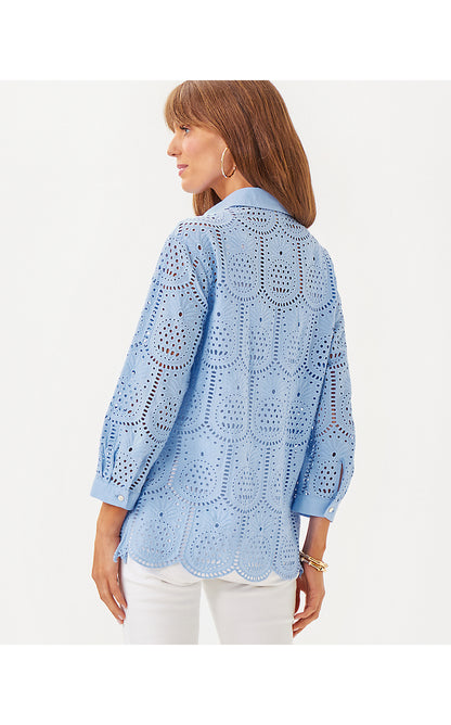 GRACEE TUNIC, JACARANDA BLUE PINEAPPLE TILE EYELET