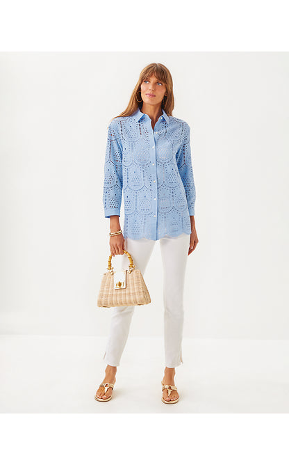 GRACEE TUNIC, JACARANDA BLUE PINEAPPLE TILE EYELET