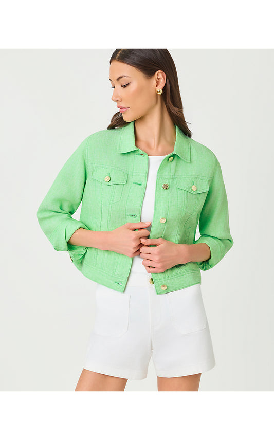 SEASPRAY LINEN JACKET, JACKFRUIT GREEN X RESORT WHITE