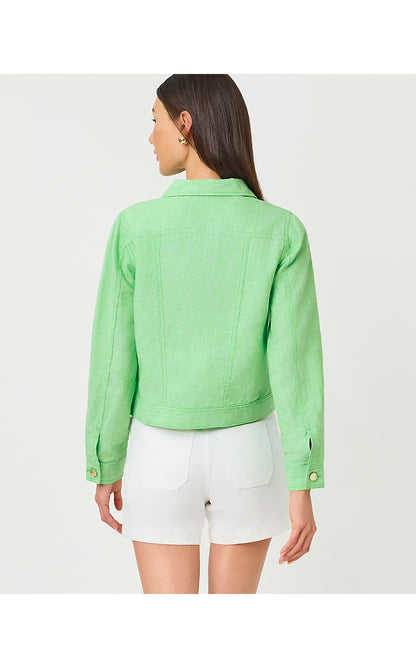 SEASPRAY LINEN JACKET, JACKFRUIT GREEN X RESORT WHITE