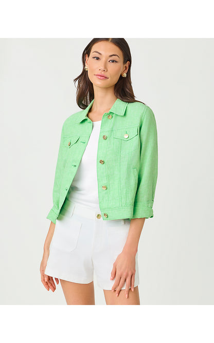 SEASPRAY LINEN JACKET, JACKFRUIT GREEN X RESORT WHITE