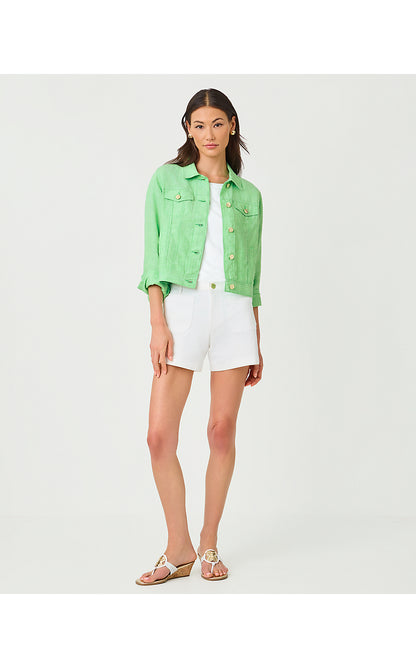 SEASPRAY LINEN JACKET, JACKFRUIT GREEN X RESORT WHITE