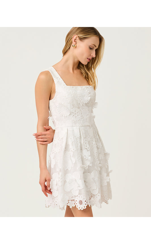CINDY SKIRTED ROMPER, RESORT WHITE PASSION FLOWER 3D LACE