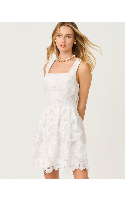 CINDY SKIRTED ROMPER, RESORT WHITE PASSION FLOWER 3D LACE