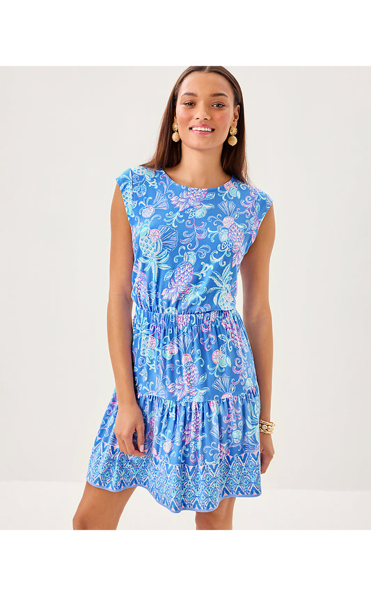 DANVILLE DRESS, SUNWASHED BLUE CITRUS CRUSH ENGINEERED KNIT DRESS