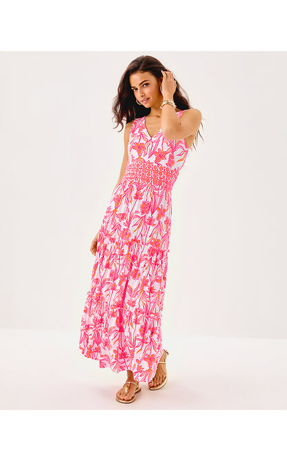 SKYLAR MIDI DRESS, RESORT WHITE LOVELY LONG STEMS ENGINEERED KNIT DRESS