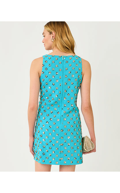 TAMALA DRESS, TURQUOISE TIDE BEADED SEQUIN EMBELLISHED LINEN BLEND