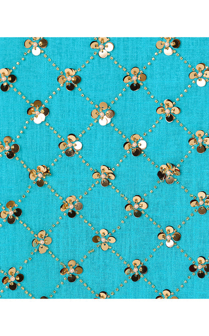 TAMALA DRESS, TURQUOISE TIDE BEADED SEQUIN EMBELLISHED LINEN BLEND