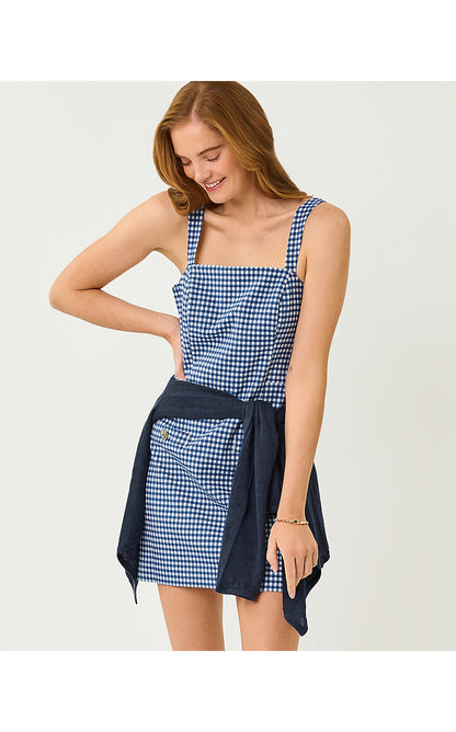 VEDA SKIRTED ROMPER, STARLIGHT NAVY GINGHAM STRETCH JACQUARD