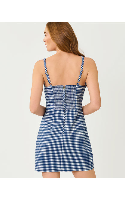 VEDA SKIRTED ROMPER, STARLIGHT NAVY GINGHAM STRETCH JACQUARD