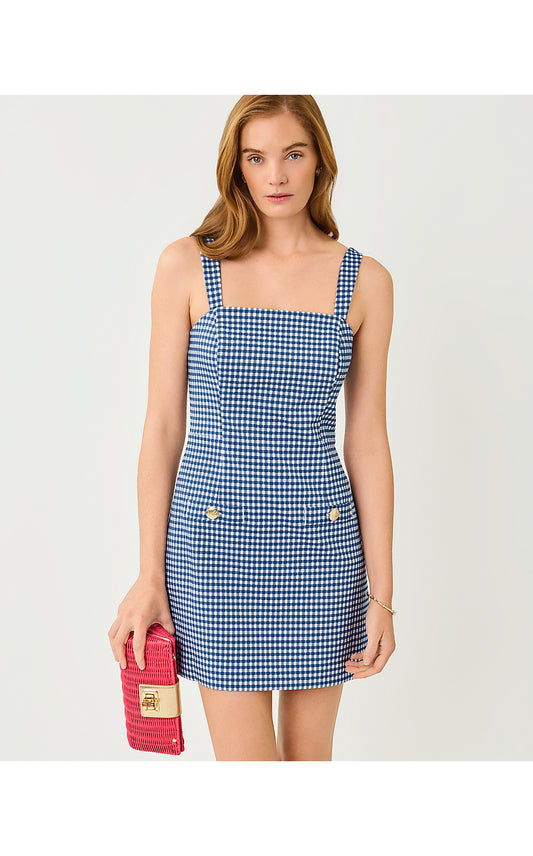 VEDA SKIRTED ROMPER, STARLIGHT NAVY GINGHAM STRETCH JACQUARD