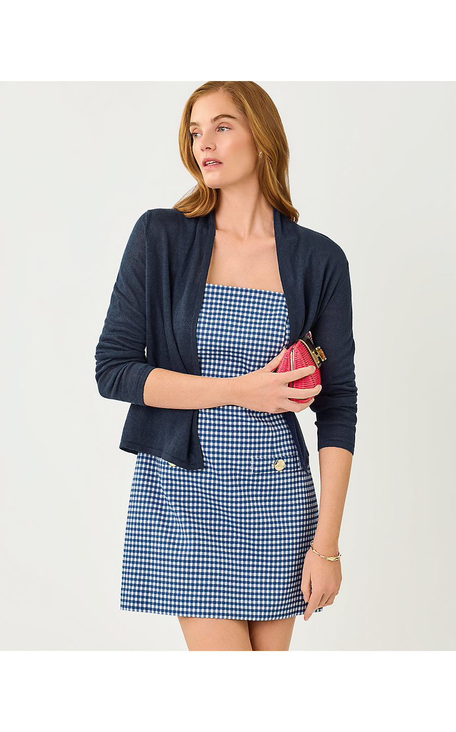 VEDA SKIRTED ROMPER, STARLIGHT NAVY GINGHAM STRETCH JACQUARD