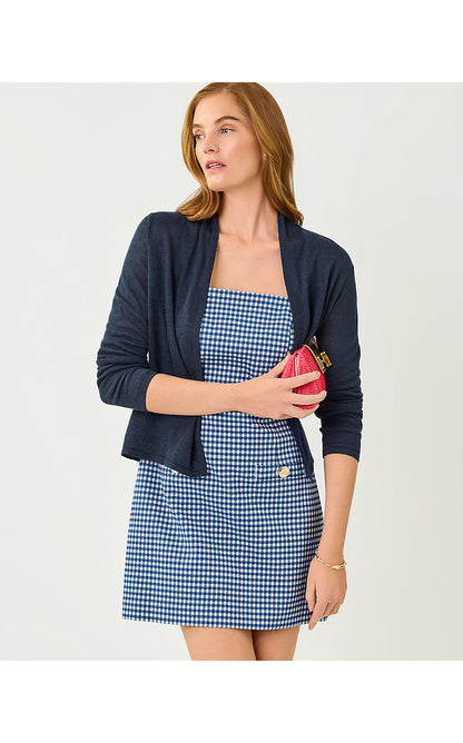 VEDA SKIRTED ROMPER, STARLIGHT NAVY GINGHAM STRETCH JACQUARD