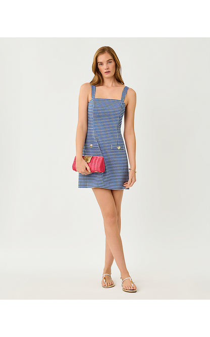 VEDA SKIRTED ROMPER, STARLIGHT NAVY GINGHAM STRETCH JACQUARD