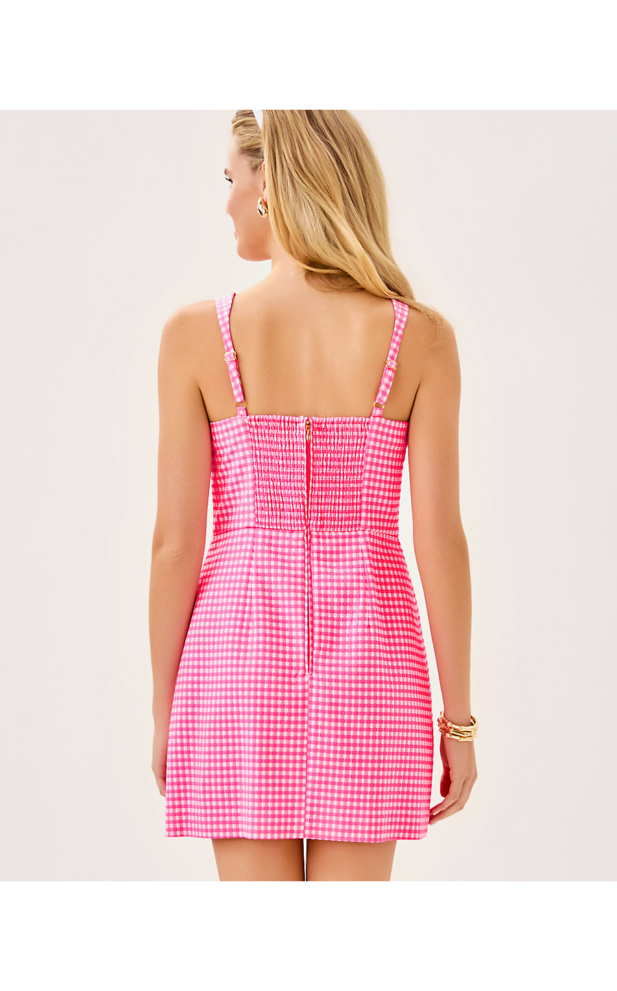 VEDA SKIRTED ROMPER, SUNKISSED PINK GINGHAM STRETCH JACQUARD