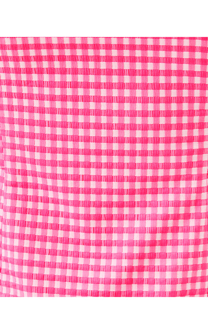 VEDA SKIRTED ROMPER, SUNKISSED PINK GINGHAM STRETCH JACQUARD