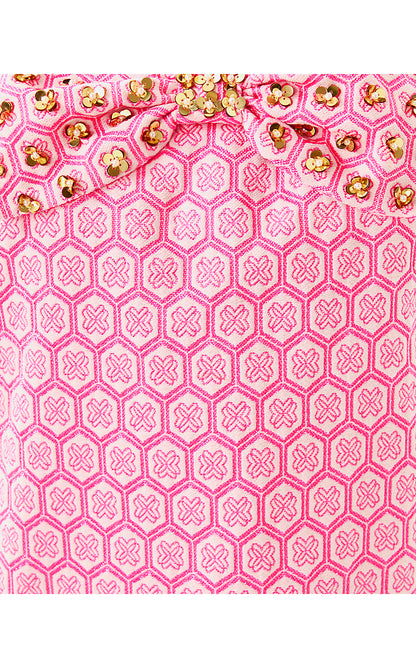 BRIA SKIRTED ROMPER, ROUSSEAU PINK BUTTERFLY BRANDMARK JACQUARD