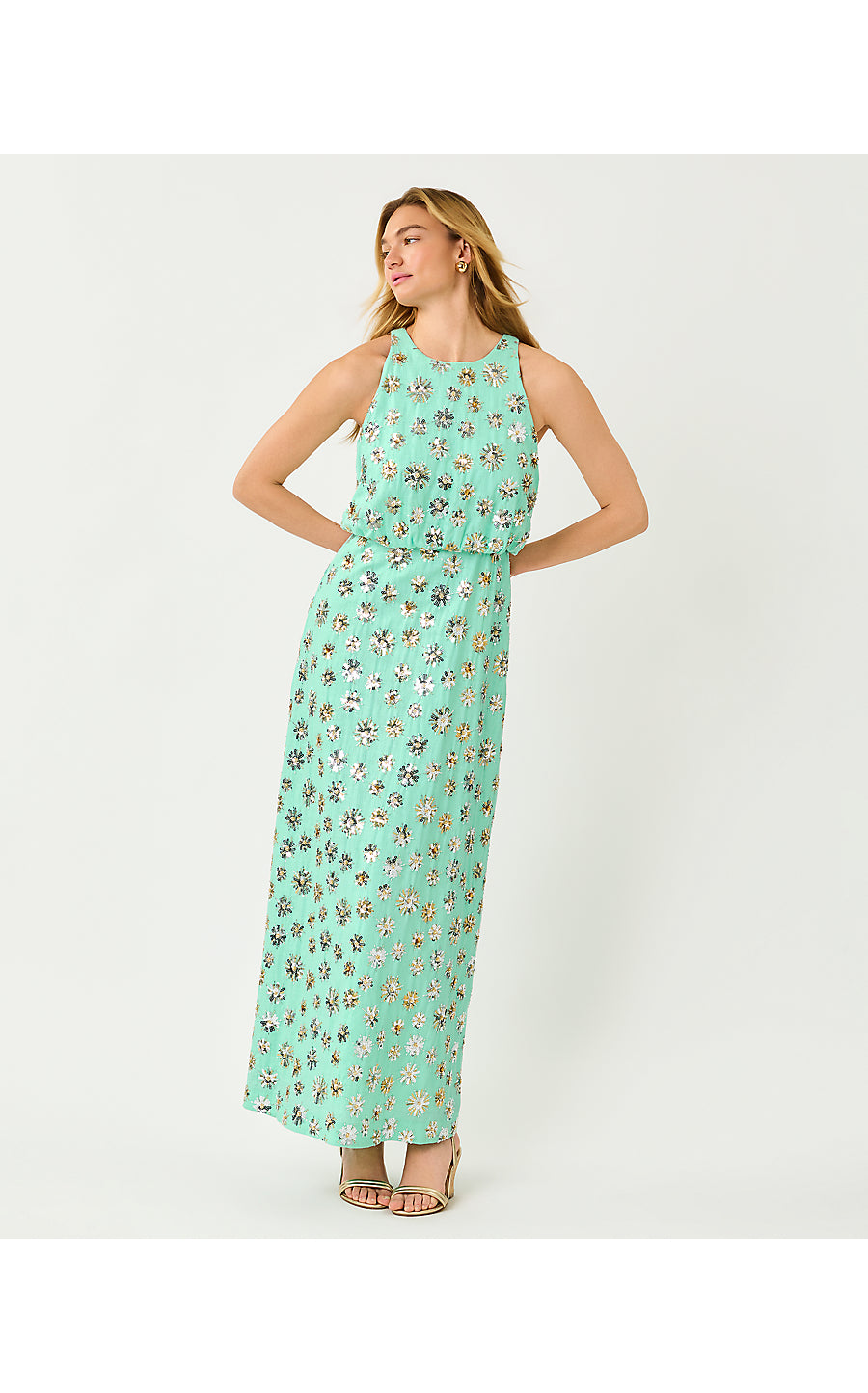 TEONNA MAXI DRESS, MINT CONDITION SPARKLER EMBELLISHED LINEN BLEND