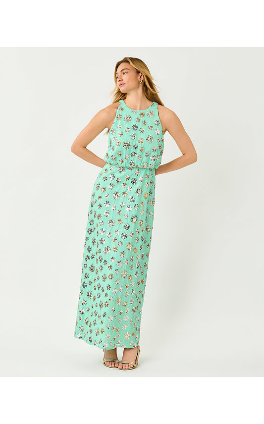 TEONNA MAXI DRESS, MINT CONDITION SPARKLER EMBELLISHED LINEN BLEND
