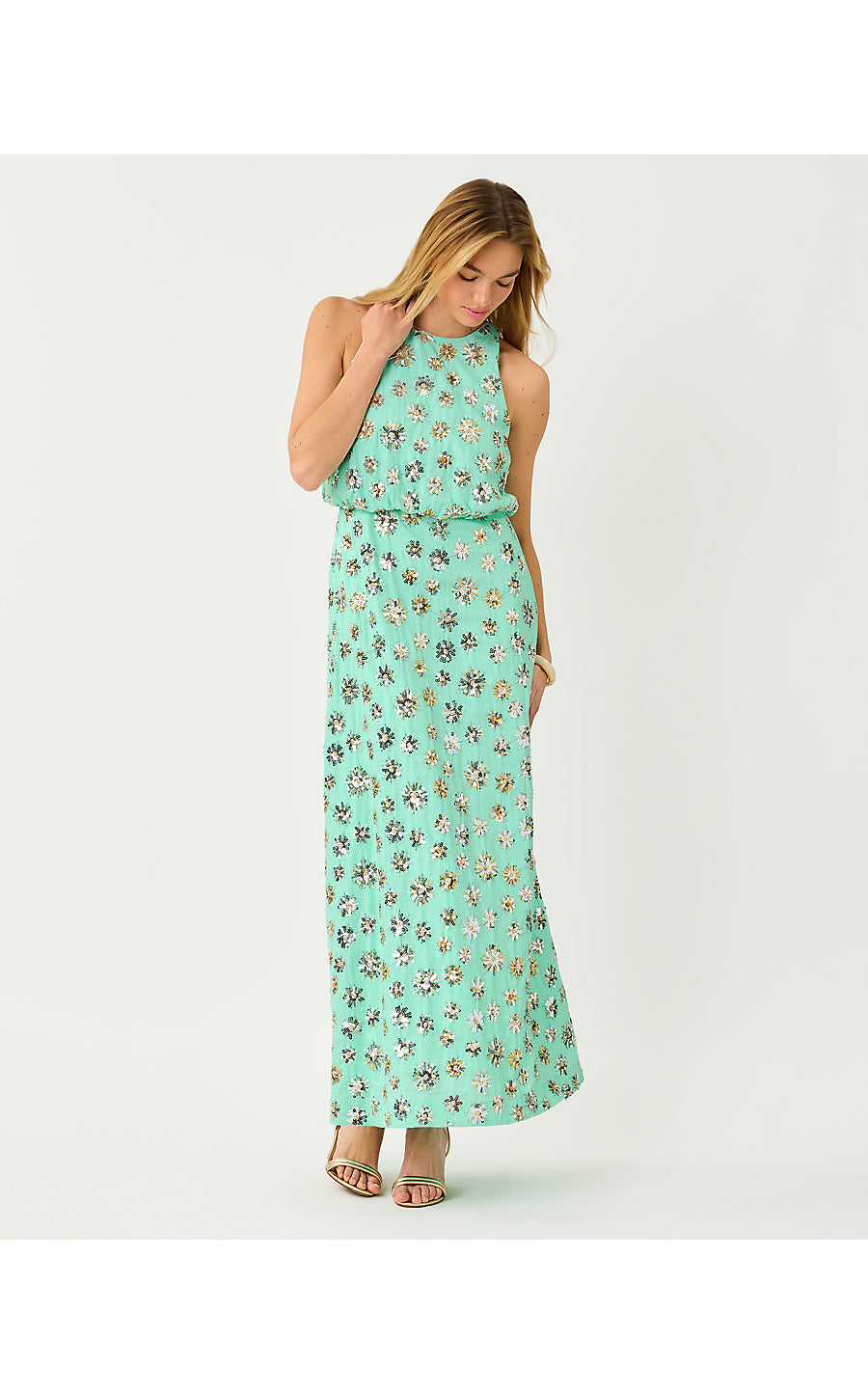 TEONNA MAXI DRESS, MINT CONDITION SPARKLER EMBELLISHED LINEN BLEND