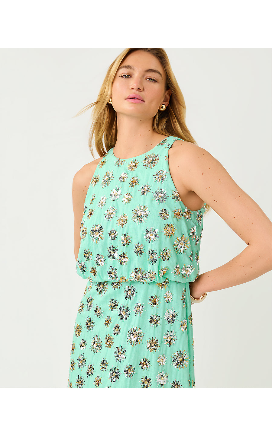 TEONNA MAXI DRESS, MINT CONDITION SPARKLER EMBELLISHED LINEN BLEND
