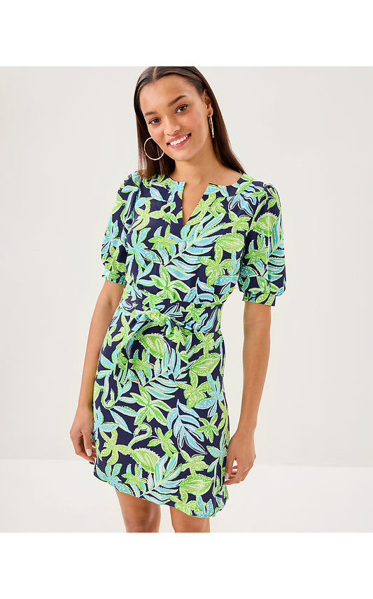 OLIVINE SHORT SLEEVE DRESS, SAPPHIRE POOL TROPICAL TANGO