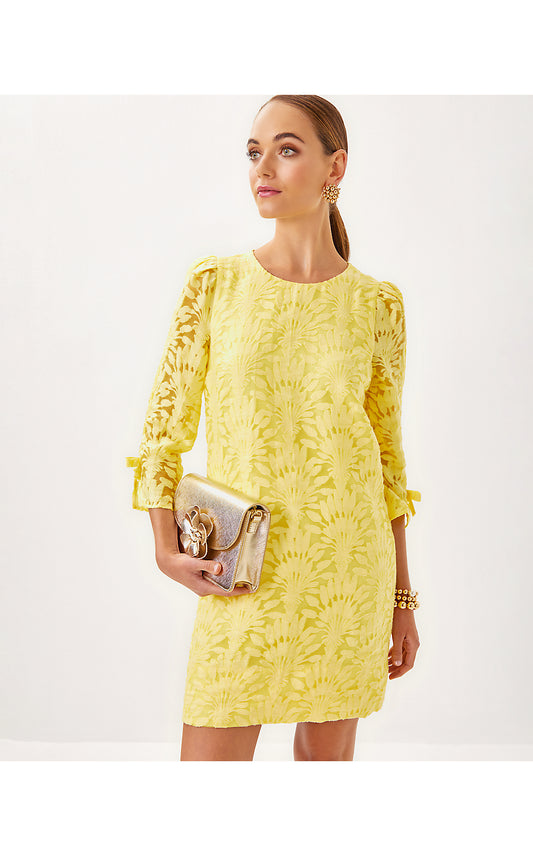 KAVIANNA DRESS, FINCH YELLOW STACKED PALM BURNOUT