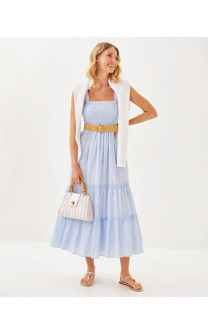HADLY SMOCKED MAXI DRESS, JACARANDA BLUE LTWT OXFORD STRIPE