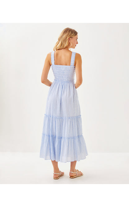 HADLY SMOCKED MAXI DRESS, JACARANDA BLUE LTWT OXFORD STRIPE
