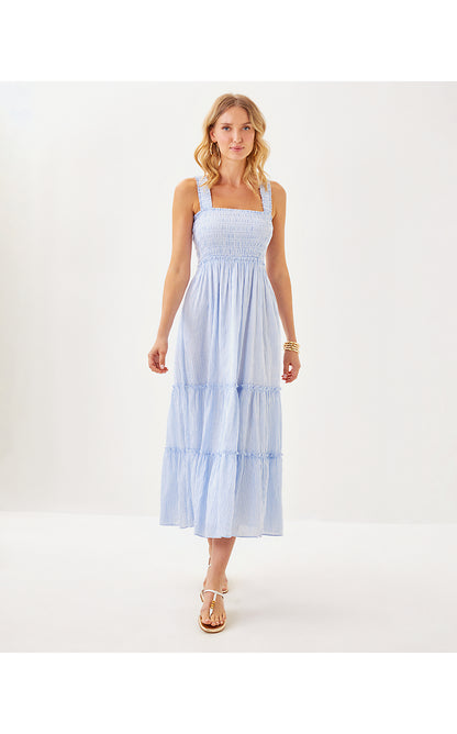 HADLY SMOCKED MAXI DRESS, JACARANDA BLUE LTWT OXFORD STRIPE