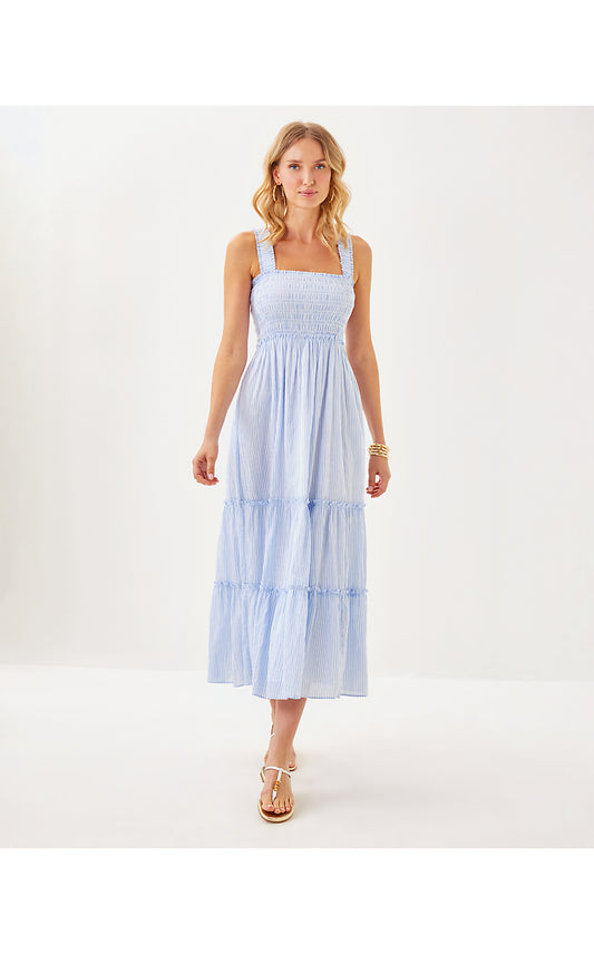 HADLY SMOCKED MAXI DRESS, JACARANDA BLUE LTWT OXFORD STRIPE