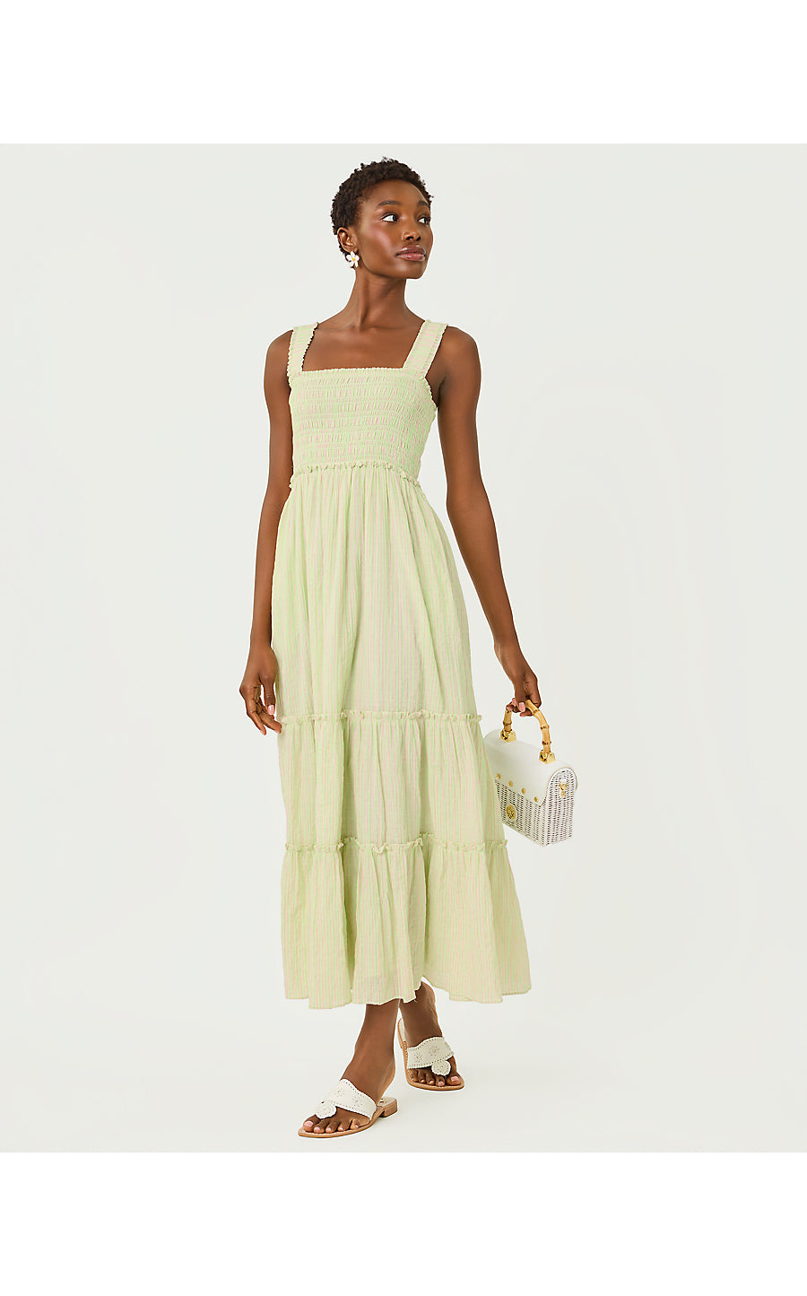 HADLY SMOCKED MAXI DRESS, PISTACHIO MACARON X CONCH SHELL PINK LTWT OXFORD STRIPE