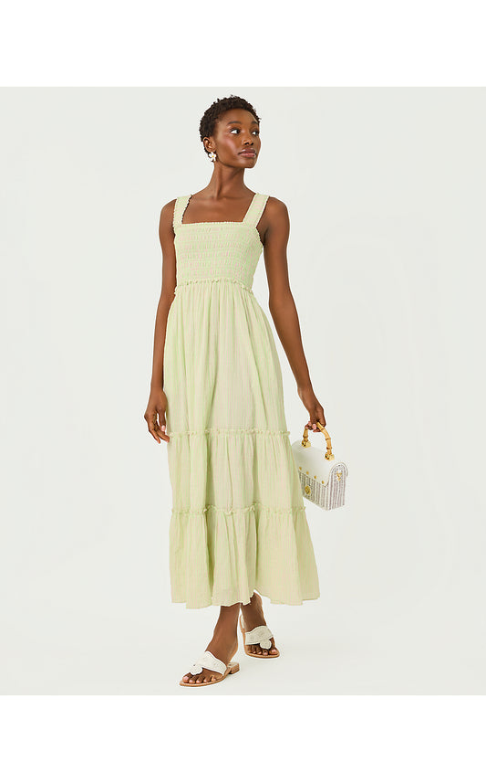 HADLY SMOCKED MAXI DRESS, PISTACHIO MACARON X CONCH SHELL PINK LTWT OXFORD STRIPE