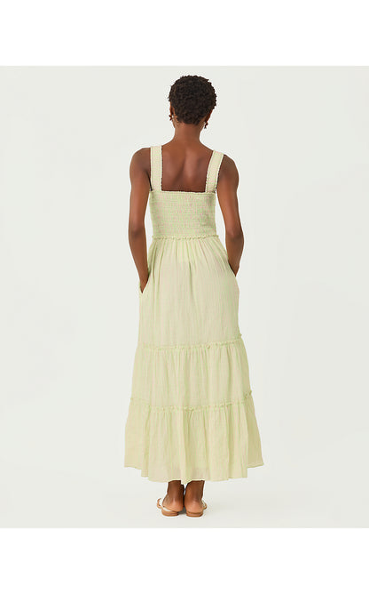 HADLY SMOCKED MAXI DRESS, PISTACHIO MACARON X CONCH SHELL PINK LTWT OXFORD STRIPE