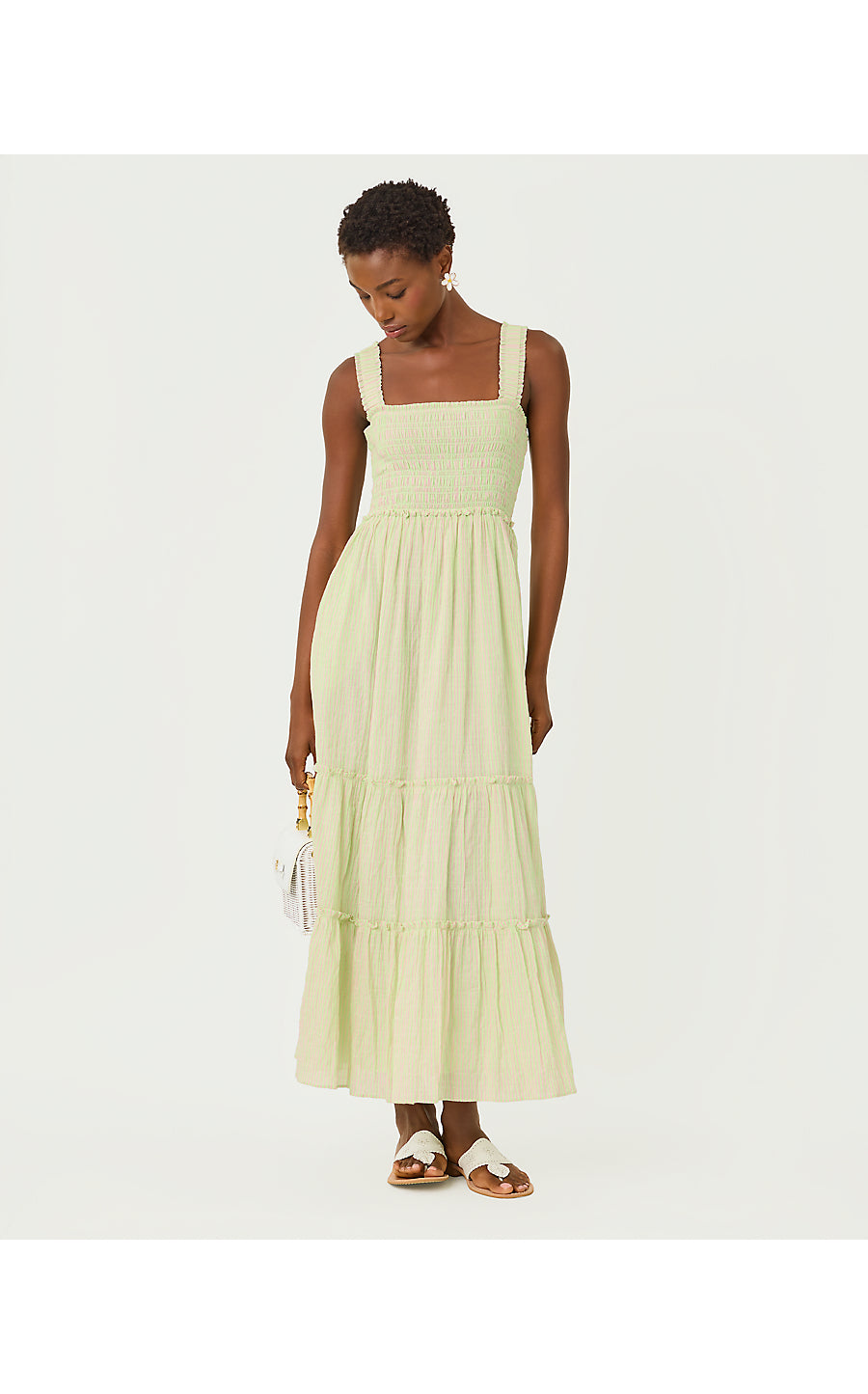 HADLY SMOCKED MAXI DRESS, PISTACHIO MACARON X CONCH SHELL PINK LTWT OXFORD STRIPE