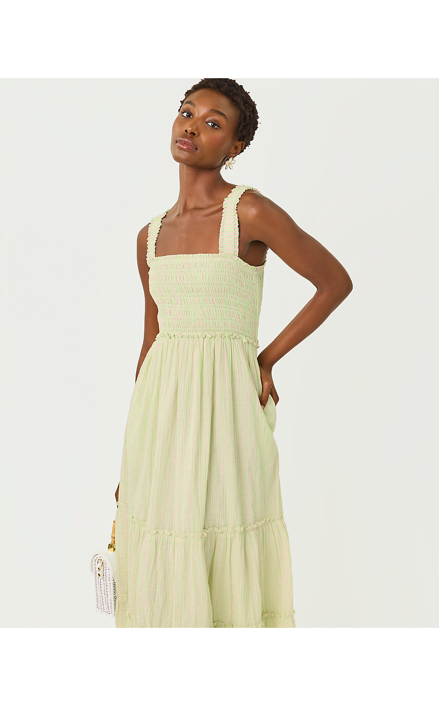 HADLY SMOCKED MAXI DRESS, PISTACHIO MACARON X CONCH SHELL PINK LTWT OXFORD STRIPE