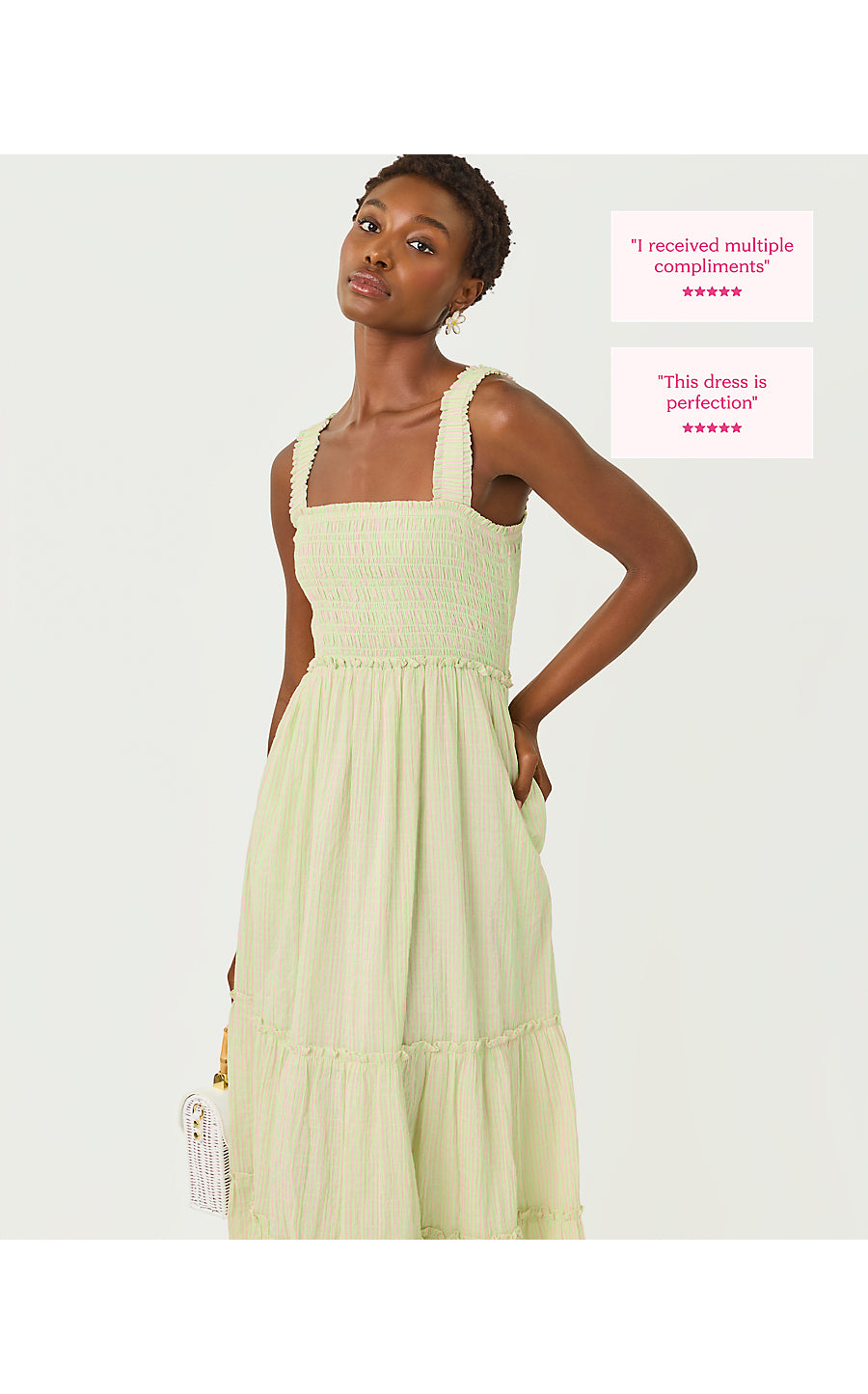 HADLY SMOCKED MAXI DRESS, PISTACHIO MACARON X CONCH SHELL PINK LTWT OXFORD STRIPE